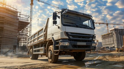 An industrial delivery truck at a busy construction site, with scaffolding and cranes in the background