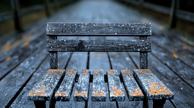 Weathered park bench on boardwalk, autumn