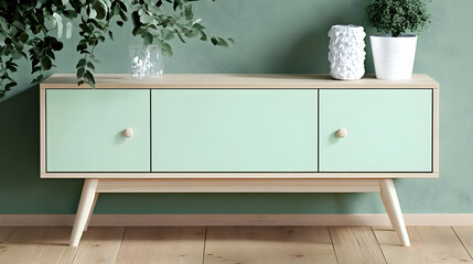 Modern Light Green Sideboard with Wooden Legs Stands Elegantly Against a Textured Green Wall in a Stylish Living Room Decor.