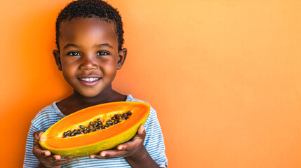 an African Child Holding a Fresh Papaya with a Vibrant Orange Background.