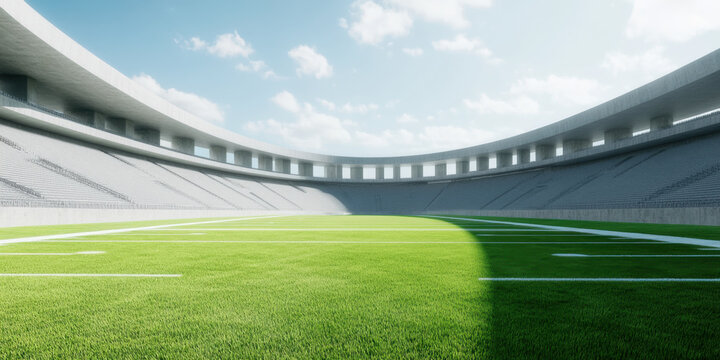 modern American football stadium with green field, grey seating, and bright sky. expansive view captures architectural design and atmosphere of sports venue