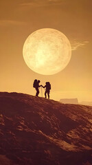 Fototapeta premium Silhouetted Hikers Conquer Mountain Peak Under a Giant Full Moon at Sunset