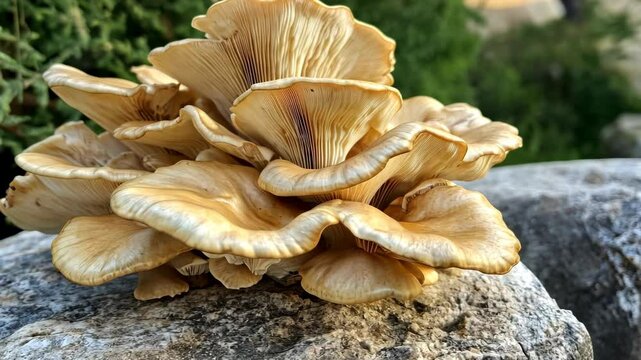 Timelapse of growing mushrooms on stone surface in natural habitat