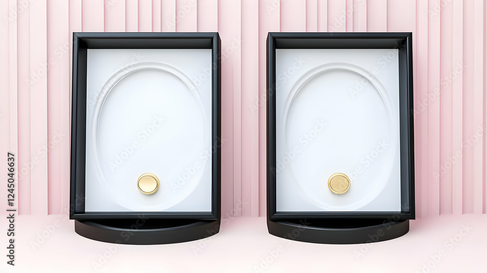 Poster two black framed oval shapes with gold buttons on pink background displaying simplicity and elegance