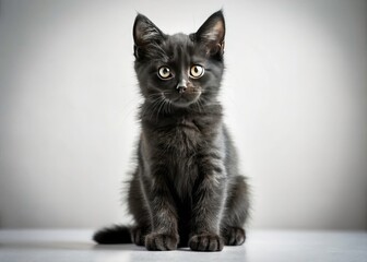 Obraz premium Black Kitten White Background Photography: Cute Pet Portraits, Adorable Cat Photoshoot, Studio Shot, Minimalist Animal Image