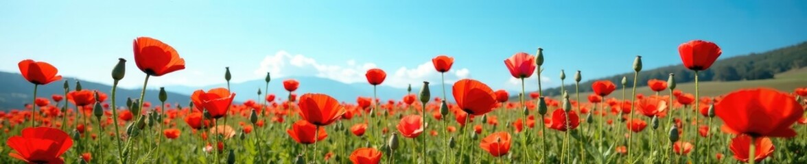 Naklejka premium Blooming red corn poppies against the clear blue, poppies, landscape