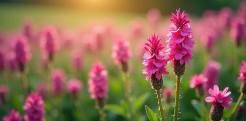Fototapeta premium blooming pink flowers on thorny spiked veronica plants, floral field, blossom