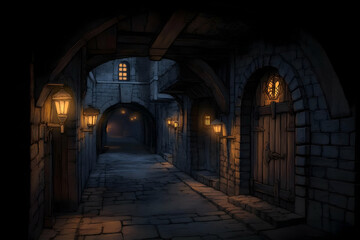 Fototapeta premium Dark Medieval Alley Illustration Shows Cobblestone Path, Arched Doorways, and Lanterns Illuminating the Gloomy Passageway at Night.