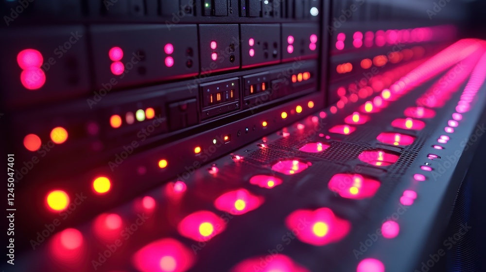 Poster close-up of illuminated server rack with vibrant lights showcasing technology in action