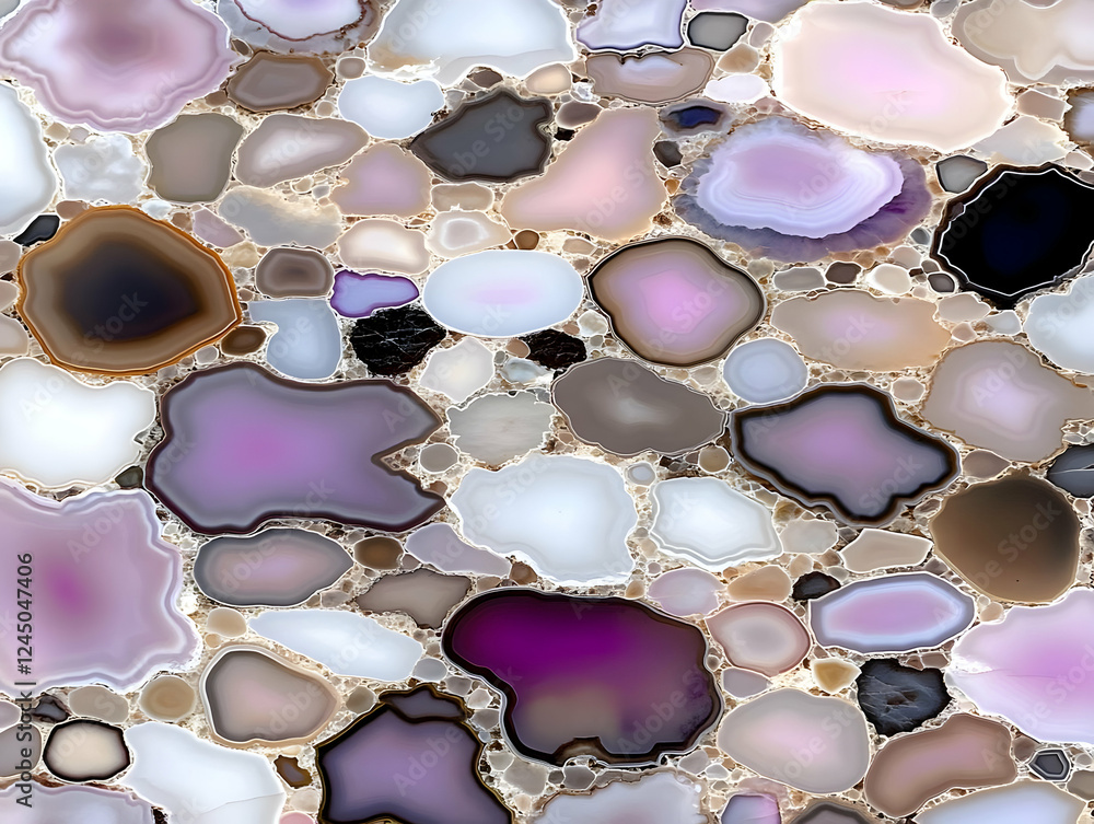 Poster colorful agate slices form an intricate mosaic background design, showcasing rich textures and varia