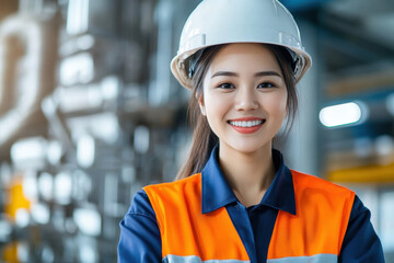 smiling female worker in safety helmet and orange vest, showcasing confidence in industrial setting. Her warm expression reflects professionalism and dedication