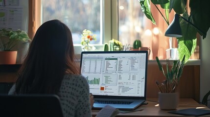 Analyst Examining Data and Graphs on Laptop Screen in Sunny Home Office Workplace Setting