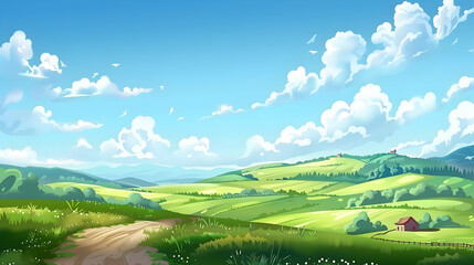 Obraz premium Serene countryside landscape with rolling hills, a dirt path, and a quaint farmhouse under a bright sky