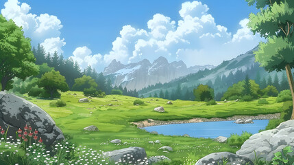 Obraz premium Serene landscape featuring a tranquil lake surrounded by lush greenery and majestic mountains