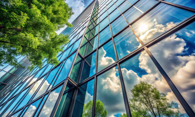 Reflections of clouds and trees on a glass office building
