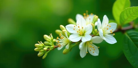 delicate white blooms of honeysuckle lat Lonicera caprifolium on stem, garden, nature, greenery