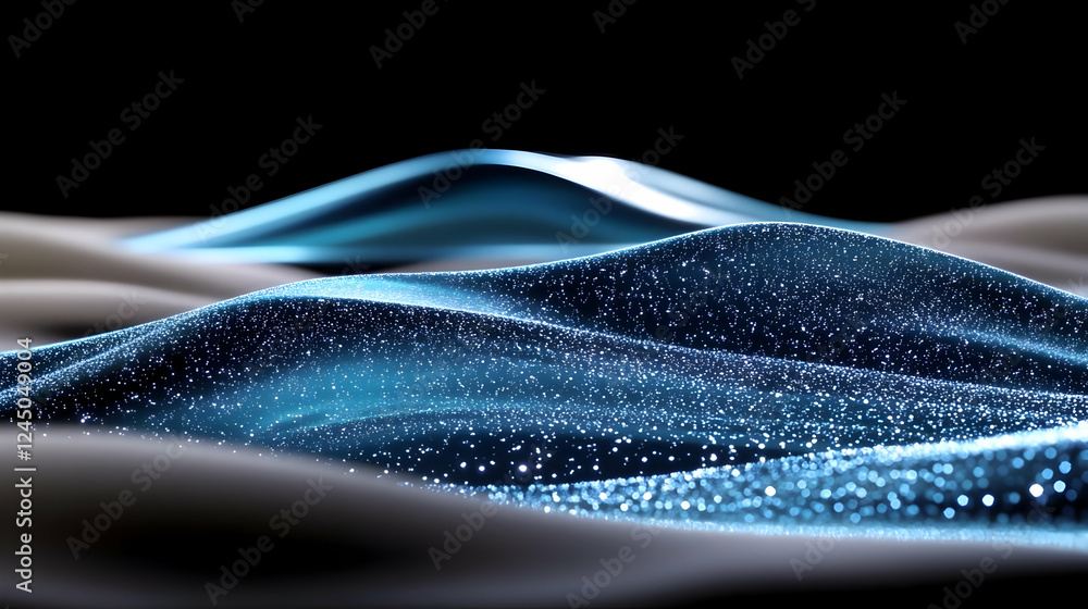 Poster abstract blue waves flow smoothly with sparkling particles on a dark background