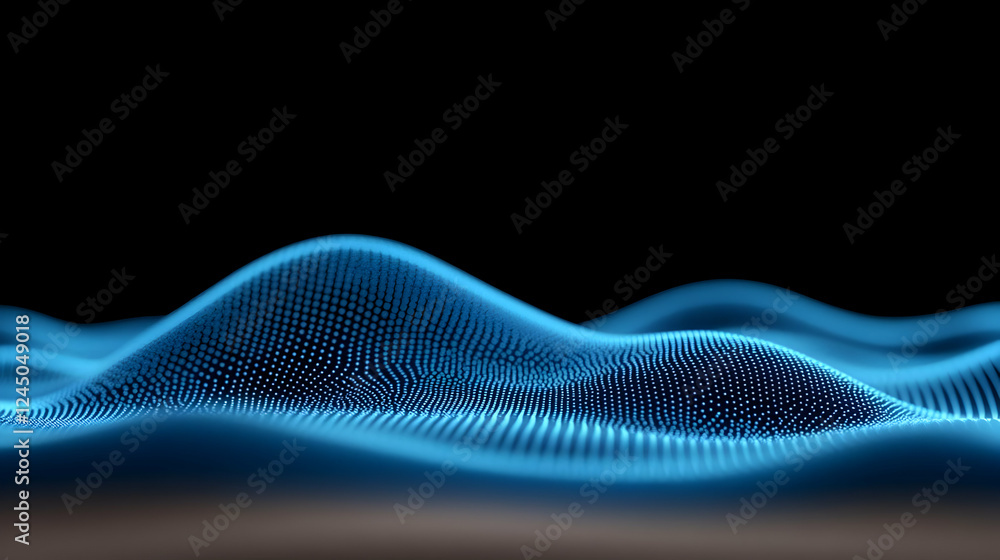 Poster abstract blue particle wave flows smoothly across a dark background.