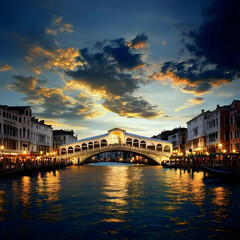 Naklejka premium Rialto Bridge at Sunset reflects on Grand Canal with gondolas beautifully at twilight.