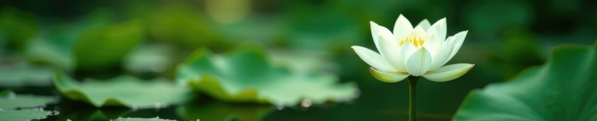 Obraz premium Delicate white lotus stem emerging from the water surface, leafy, foliage, serene