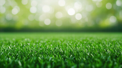 Lush green grass with blurred background of soft bokeh lights creates serene and tranquil atmosphere, perfect for outdoor activities or relaxation