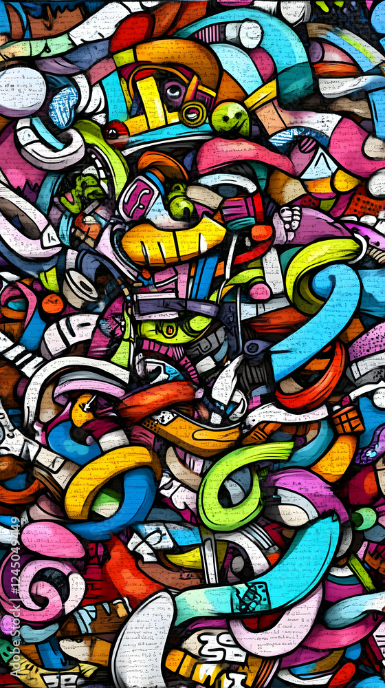 Poster Vibrant Abstract Graffiti Art Explodes with Colorful Shapes and Intricate Patterns on a Textured Background.
