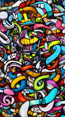 Vibrant Abstract Graffiti Art Explodes with Colorful Shapes and Intricate Patterns on a Textured Background.