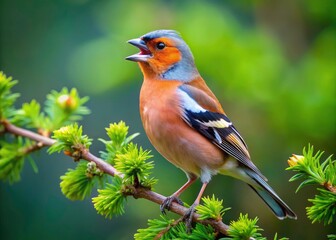 Fototapeta premium Chaffinch Bird Photography: Singing, Preening, Slow Motion, Green Tree Perch