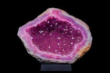 Fototapeta premium Pink Amethyst Geode Slice Displays Sparkling Crystals with Intricate Detail Beautifully on Black Background