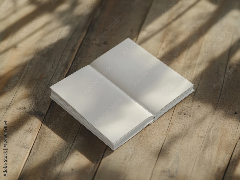 Poster blank notebook mockup open on a rustic wooden table with natural light and shadow displayed