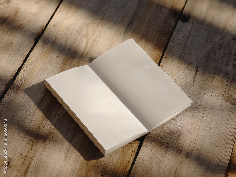 Aufkleber blank notebook open on rustic wooden table surface with sunlight shadows creating atmospheric feel