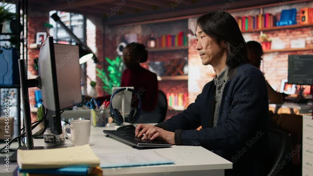 Poster ai startup office admin asks questions to senior team leader before starting implementing machine le