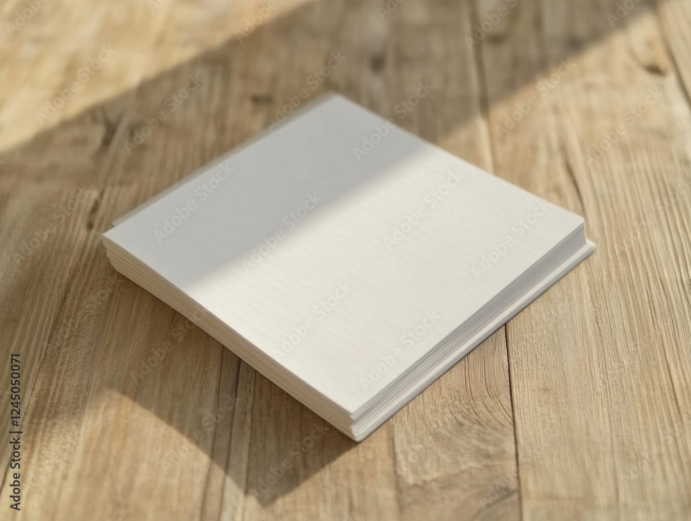 Poster blank notebook resting on a wooden surface with natural lighting creates a serene and simple scene