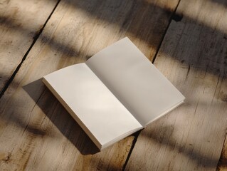 Fototapeta premium Blank Notebook Open on Rustic Wooden Table Surface with Sunlight Shadows Creating Atmospheric Feel