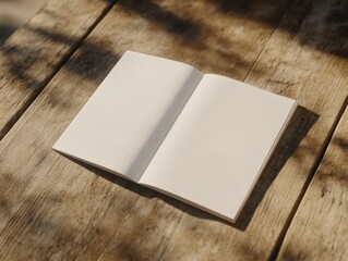 Blank Open Book Laying on Rustic Wood Table Surface Underneath Sunlight and Tree Branches Shade