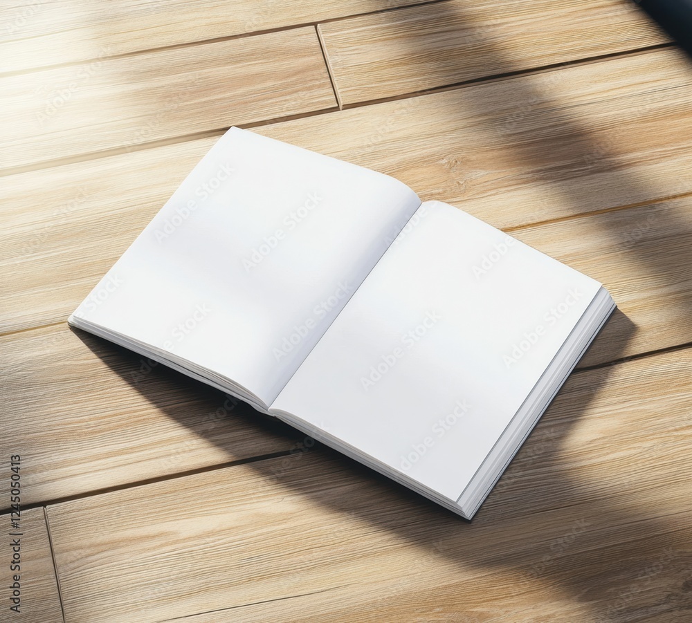 Poster blank open book on wooden floor with sunlight creating shadows simple and minimalist look