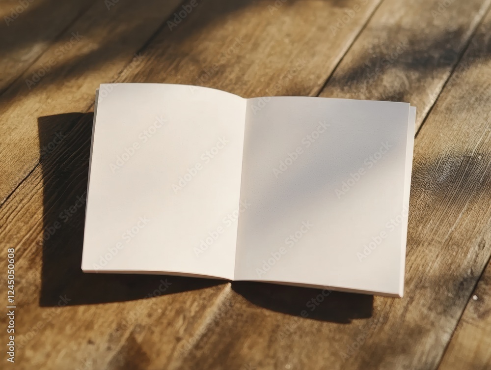 Poster blank open notebook displayed on rustic wooden surface with natural sunlight and shadow patterns