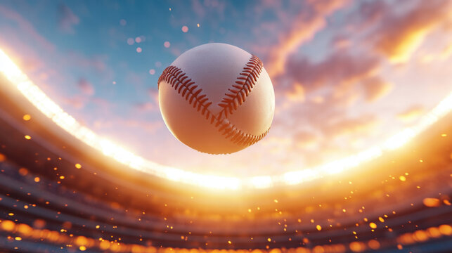 baseball spinning in air during sunset at stadium, capturing excitement of game. vibrant colors and dynamic motion create thrilling atmosphere