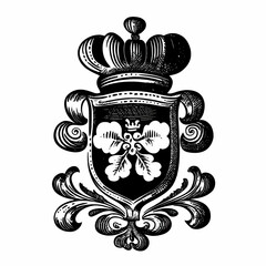 Vintage Heraldic Crest with Crown, Shield, and Oak Leaves on White Background