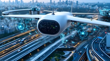 Obraz premium futuristic drone flying over city highway - smart city