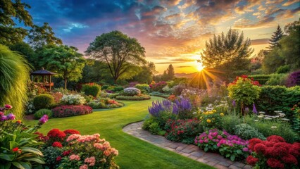 Fototapeta premium serene garden at sunset with vibrant flowers and lush greenery