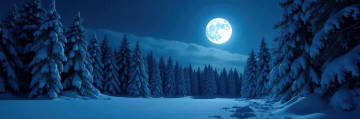 Snowy forest at night, with a full moon casting an ethereal glow, moon, enchanting, peaceful