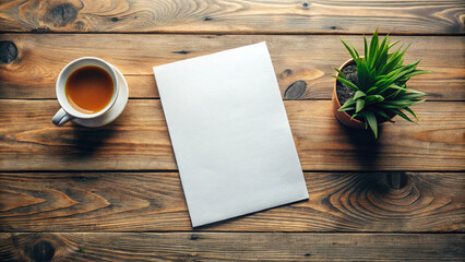 Blank White Paper on Wooden Table with Tea and Plants