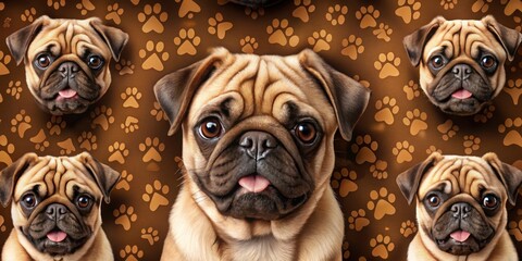 Obraz premium Cute Pug Patterns: Bones, Paws, Brown Background - Documentary Photography Style