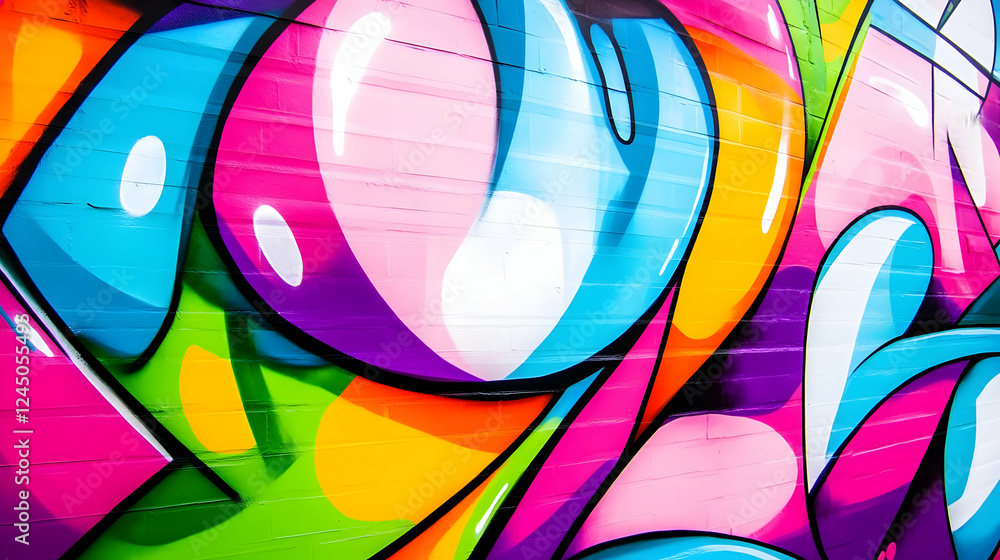 Poster vibrant graffiti art explodes with color on a brick wall, showcasing bold shapes and dynamic lines.