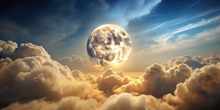A serene night sky with a full moon casting an ethereal glow over rolling clouds in shades of white and cream , lunar, cloudy