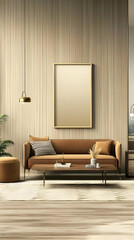 Fototapeta premium Modern Living Room Interior Features a Sofa, Coffee Table, and Decor on a Wooden Floor with Accent Wall