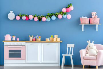 Playful Children's Room Decor Features a Pink and White Play Kitchen with Colorful Balloons and Toys, Enhancing the Cheerful Atmosphere.