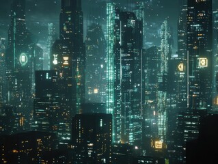 Obraz premium Futuristic Metropolis Twilight Cityscape Gleaming Structures Reflecting Night Lights and Electric Illumination