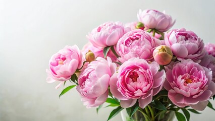 Fototapeta premium Delicate pink peony flowers arranged in a loose bouquet against a soft white background , loose bouquet, floral arrangement